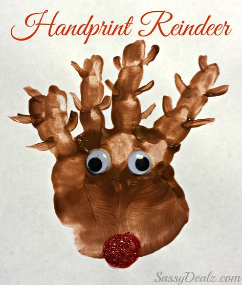 Handprint Reindeer Christmas Craft For Kids (Paint Art Project) #Rudolph | CraftyMorning.com #reindeercrafts #handprintcrafts #arrprojects #artcrafts #christmascrafts #wintercrafts #funcrafts Christmas Reindeer Craft, Handprint Reindeer, Prek Christmas, Daycare Projects, Preschool Door, Reindeer Handprint, Christmas Handprint Crafts, Crafty Morning, Christmas Art Projects