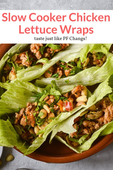 Easy crockpot Chicken Lettuce Wraps made with ground chicken, mushrooms, and an amazing hoisin based sauce. Taste exactly like the restaurant version. #dinner #freezerfriendly #kidfriendly #makeahead Thai Chicken Lettuce Wraps, Lettuce Wraps Healthy, Asian Chicken Lettuce Wraps, Healthy Slow Cooker Recipes, Turkey Lettuce Wraps, Chicken Mushrooms, Slender Kitchen, Easy Crockpot Chicken, Lettuce Wrap Recipes