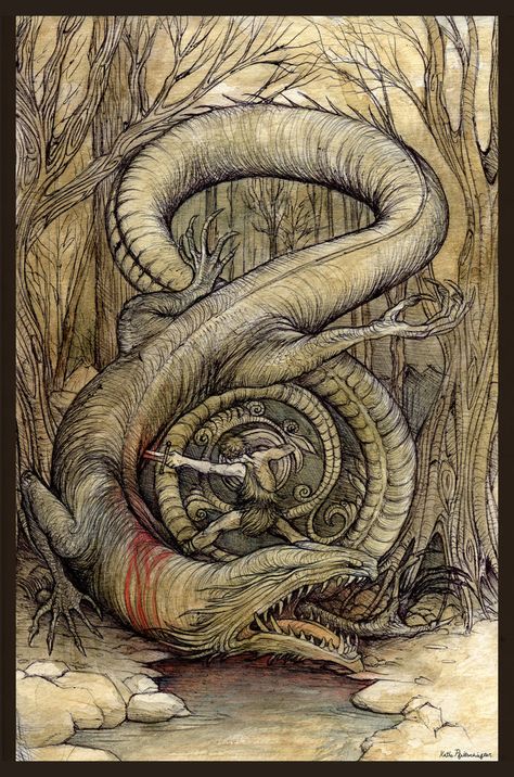 Siegfried Kills Fafnir by KatePfeilschiefter on DeviantArt Dragon Horse, Norse Myth, Arthur Rackham, Norse Pagan, Legends And Myths, Old Norse, 다크 판타지, Norse Vikings, Mythology Art