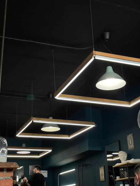 Salon Lighting Ideas Ceiling, Salon Lighting Ideas, Saloon Designs, Electronics Store Design, Commercial Gym Design, Salon Lighting, Gym Design Interior, Roof Lights, Industrial Cafe