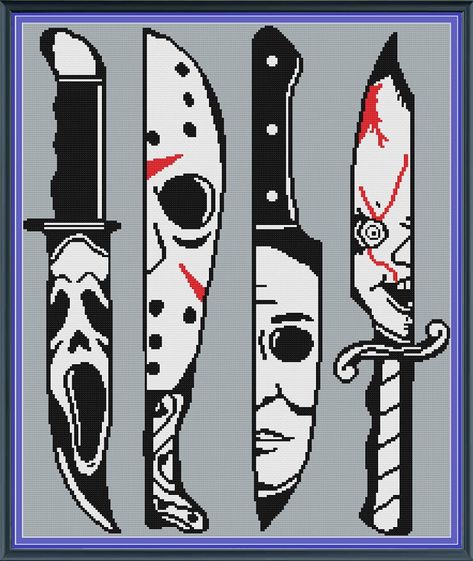 Horror Knives is a digital pattern (available in PDF format only) that can be used to crochet a blanket using various techniques, such as C2C,  Mini C2C, SC, HDC, DC, TSS or Bobble Stitch. You can also use this product for cross stitch, knitting, hama beads, plastic canvas, diamond painting and other crafts. This pattern comes with row by row instructions for SC. Colours Used : 4 Graph Size : 200x240 The finished size of this design depends on not just the graph size, but also the stitch of choice, hook size, yarn thickness etc.  You can use these calculators to get an idea about the finished size of your crochet project: For SC, TSS, HDC, DC  eg https://mystressbydesign.weebly.com/yarncalc.html For C2C or Mini C2C https://mystressbydesign.weebly.com/c2cyarncalc.html Pattern will be sent t Horror Movie Graphgan, Horror Crochet Blanket Pattern, Horror Movie Cross Stitch Patterns, Crochet Horror Blanket, Cross Stitch Horror, Horror Cross Stitch Pattern, Horror Movie Crochet, Horror Perler Beads, Horror Pixel Art