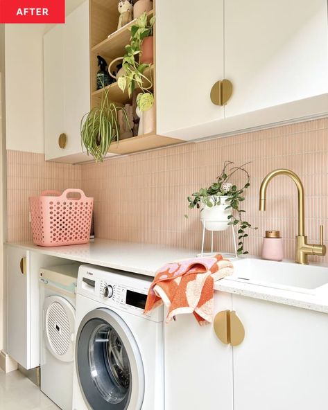 This Laundry Room Makeover Adds Clever Storage Solutions | Apartment Therapy Peach Laundry Room, Colourful Laundry Room, Pastel Laundry Room, Pink Laundry Room Ideas, Beige Laundry Room, Utility Tiles, Pink Laundry Room, Laundry Room Redo, Washer And Dryer Set