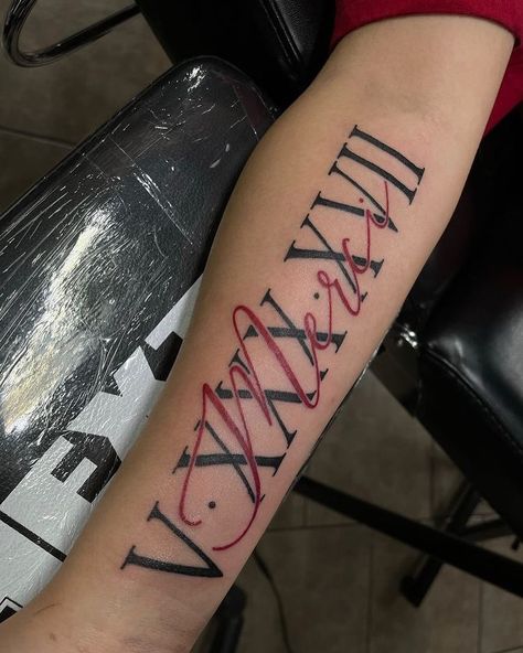 Roman Numerals Tattoo Ideas, Roman Numeral Birthday Tattoo, Roman Numerals Tattoo, Last Name Tattoos, Numerals Tattoo, Roman Numbers Tattoo, Tattoo Font For Men, Roman Tattoo, Names Tattoos For Men