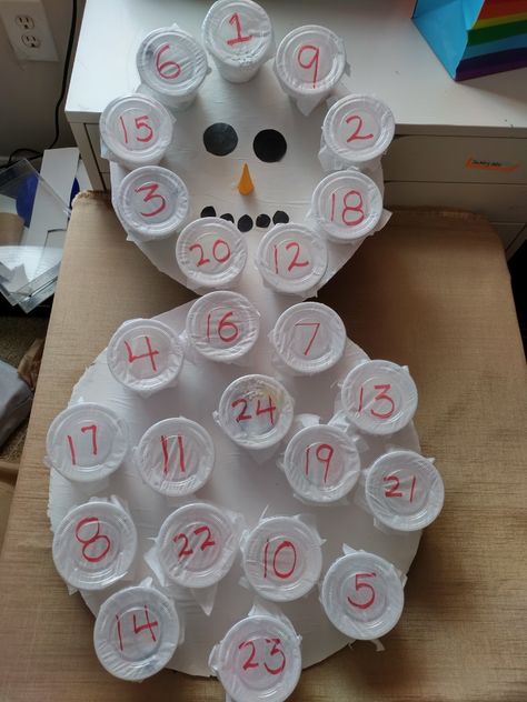 Snowman Advent calendar made from foam board and plastic portion cups. Punch Cup Advent Calendar, Advent Calendar Diy, Christmas Advent Calendar Diy, Diy Snowman, Diy Advent Calendar, Advent Calendars, Christmas Advent Calendar, Christmas Advent, Christmas Craft