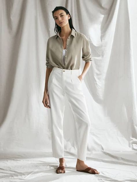 Khaki Blouse Outfit, Monochromatic Outfit Aesthetic, Black Trousers Outfit, Linen Board, Khaki Blouse, Linen Outfit, Fashion Still Life, Culottes Pants, White Jeans Outfit