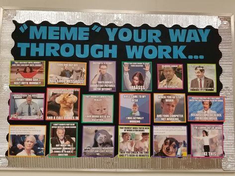 Office/work meme bulletin board Funny Work Bulletin Boards, Coworker Bulletin Board, Team Bulletin Board Ideas Offices, Bulletin Boards For Workplace, Work Team Board Ideas, Work Board Ideas Offices, Employee Room Ideas, Culture Boards For Work, Office Boards Ideas