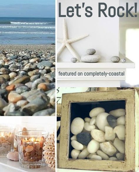 Let's rock! Put those beautiful beach rocks on display and use them as decor. Spread a little beach rock zen with stacked rocks, fill rocks into a shadow box, use beach rocks as a table centerpiece and many more ideas how to use beach rocks for decor, featured on Completely Coastal. Rock Decorating Ideas Display, Beach Rock Display Ideas, Beach Stones Decoration, What To Do With Beach Rocks, What To Do With Rocks From The Beach, What To Do With Rock Collection, Decorating With Rocks Indoors, Rock Collection Display Ideas Diy, Beach Rock Art Ideas