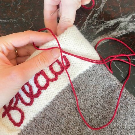 How to Personalize a Christmas Stocking - Originally Lovely Christmas Stockings Made From Old Sweaters, Cricket Christmas Stocking, Lined Christmas Stocking Tutorial, Knitting Christmas Stockings Pattern, Diy Knitted Christmas Stocking, Cable Knit Stockings Christmas, Embroider Name On Stocking, Embroidery On Stocking, Simple Christmas Stockings