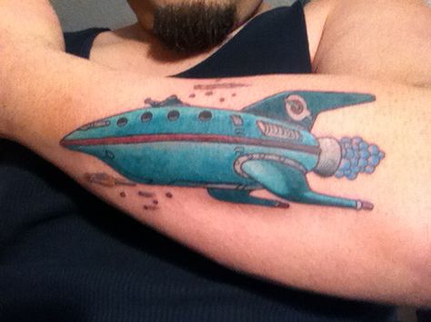 Planet express ship from futurama tattoo! Planet Express Ship, Futurama Tattoo, Futurama, Geek Out, Tatting, Geek Stuff, Tattoos, Art