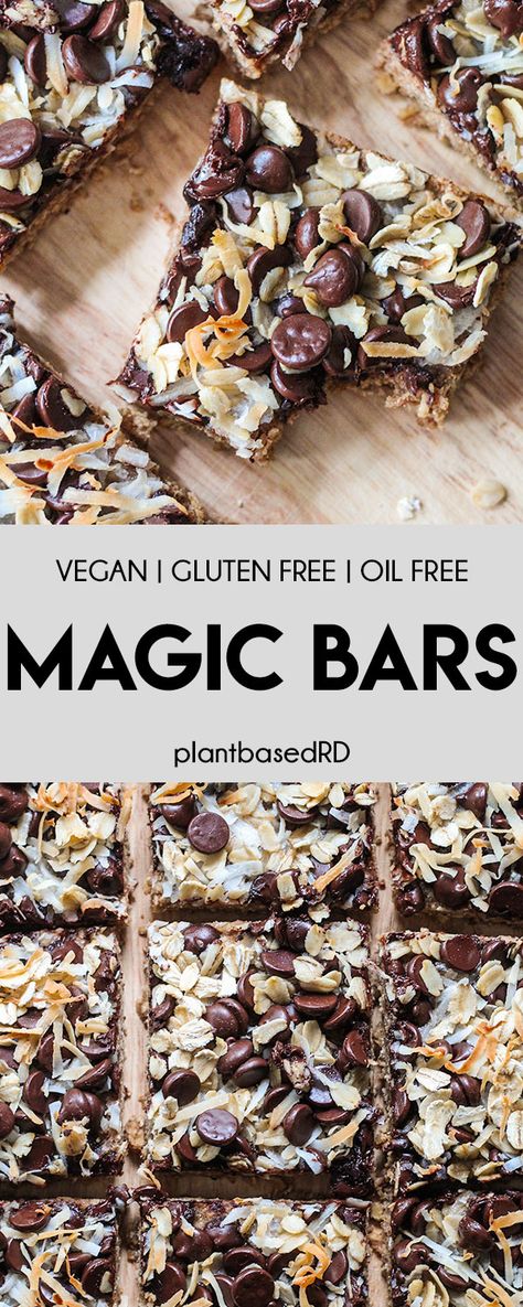 Magic Bars (vegan | gluten free | oil free) - Plant Based RD Vegan Granola Bars, Magic Bars Recipe, Magic Bars, Plant Based Desserts, Dairy Free Chocolate Chips, Vegan Snack, Healthy Vegan Desserts, Dessert Bar Recipe, Gluten Free Bakery