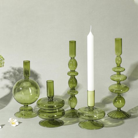 Glass Taper Candle Holders, Green Candle Holders, Colorful Centerpieces, Party Centerpiece, Glass Candlestick Holders, Glass Centerpieces, Green Candle, Taper Candle Holders, Glass Candlesticks