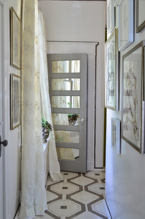 Would be really cool to paint a floor in this design (which looks like tile). Love mirrored door too! Mirrored Door, Painted Floor, Enchanted Home, Painted Floors, There's No Place Like Home, Humble Abode, Interior Door, Doors And Windows, Interior Doors