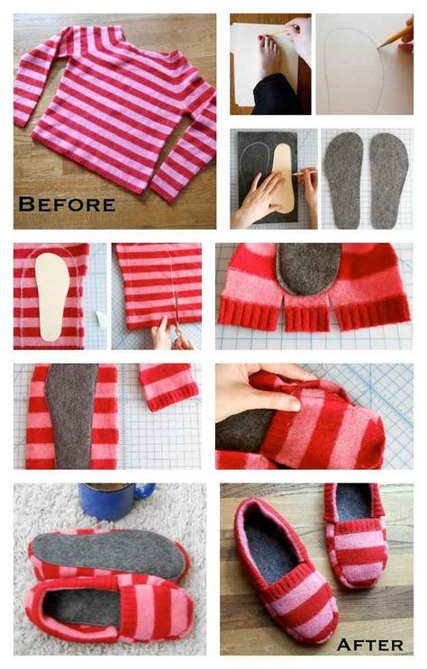 Sweater Slippers Slides | 10 Adorable DIY Slippers That Will Give You The Warm Fuzzies How To Make Slippers, Sweater Crafts, Diy Slippers, Diy Sweater, Recycled Sweaters, Old Sweater, Costura Diy, Sew Ins, Sew Easy