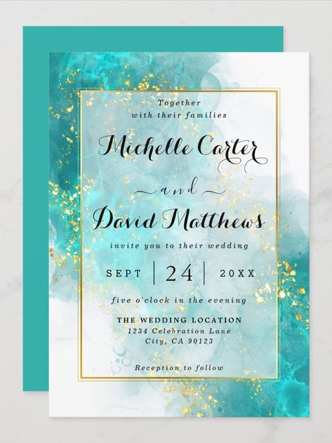 Available in Zazzle. #wedding #invitations #watercolor #blue #gold #savethedate #zazzle Light Blue And Gold Wedding, Teal Gold Wedding, Turquoise Wedding Theme, Turquoise Wedding Invitations, Wedding Invitations Watercolor, Wedding Cards Images, Blue And Gold Wedding, Aqua Blue Wedding, Zazzle Wedding Invitations