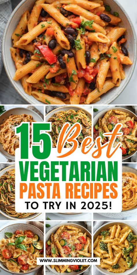 Spice up your weeknight dinners with these 15 mouthwatering vegetarian pasta recipes! From creamy sauces to bold flavors, each dish is packed with wholesome ingredients and easy to prepare. Think roasted veggie lasagna, creamy pesto gnocchi, and spicy arrabbiata spaghetti – all without meat but full of flavor. Perfect for Meatless Mondays or any day you crave comfort food, these recipes are family-friendly, nutrient-packed, and customizable to suit your tastes. Whether you're a seasoned vegetarian or just exploring plant-based options, there's something here for everyone. Save this pin and elevate your pasta game with these delicious and satisfying meatless dishes! Top Vegetarian Recipes, Easy Vegetarian Meals For Dinner, Meatless Pasta Meals, Vegetarian Recipes For Meat Lovers, One Pot Vegetarian Pasta, Meatless Pasta Casserole Recipes, Pasta Dishes Vegan, Quick And Easy Dinner Recipes Vegetarian, Meatless Monday Recipes Dinner Ideas