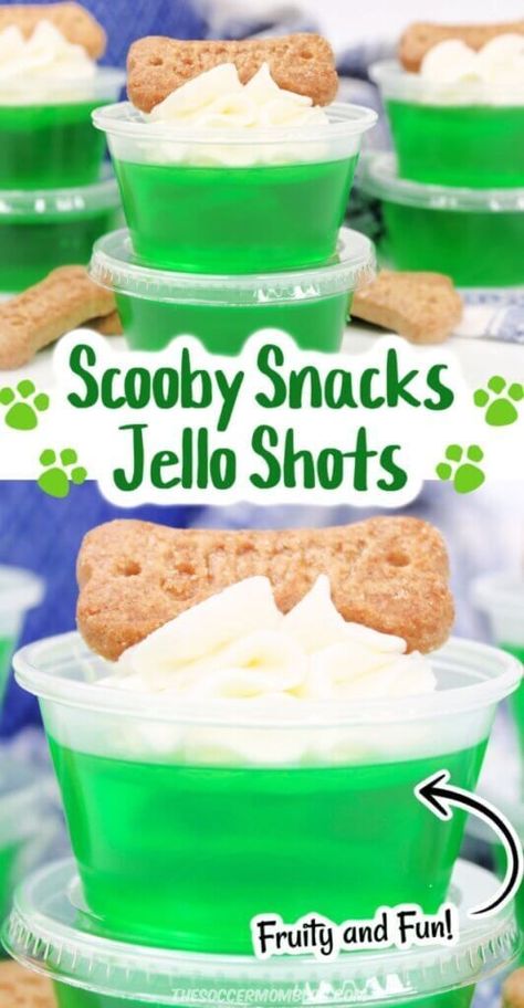 Learn how to make these adorable Scooby snacks jello shots from the Soccer Mom Blog! These jello shots are fruity and fun! They are the perfect fun, alcoholic dessert to serve at any party. Try this easy recipe this summer! Lime Jello Shots, Scooby Snack Shot, Best Jello Shots, Jello Pudding Shots, Jelly Shots, Alcholic Drinks, Jell O Shots, Pudding Shots, Scooby Snacks