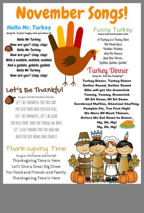 Nov 20, 2018 - November songs for transitional kindergarten. Thanksgiving Songs For Kids, Turkey Songs, Classroom Thanksgiving, Thanksgiving Activities Preschool, Thanksgiving Songs, Thanksgiving Lessons, Thanksgiving Crafts Preschool, Thanksgiving School, Kindergarten Songs