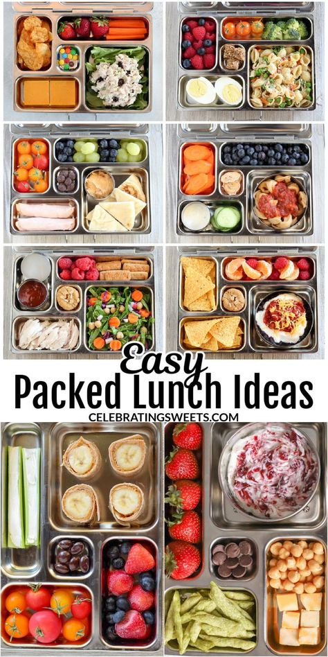 Overhead view of several easy lunch ideas packed inot bento boxes. Easy And Healthy Lunch Ideas, Healthy Lunch Ideas For Kids, Easy Packed Lunch, Packed Lunch Ideas, Kids Lunch Ideas, Lunch Ideas For Kids, Healthy Packed Lunches, Road Trip Food, Healthy Lunch Snacks