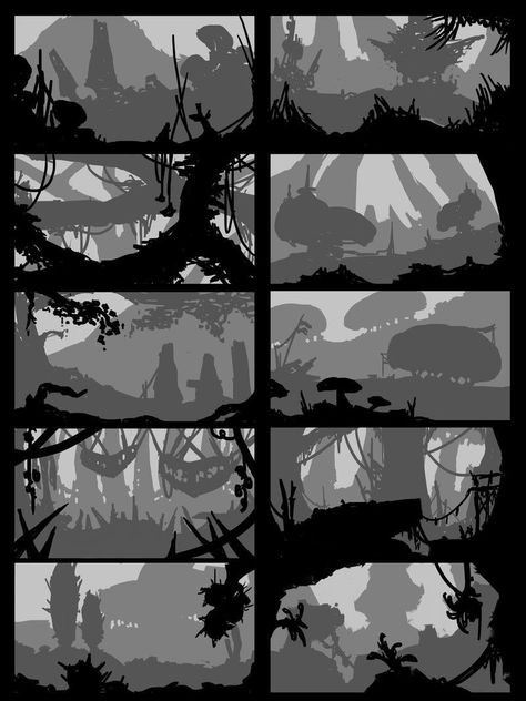 Concept Art Composition, Jungle Illustration Background, Landscape Thumbnails, Jungle Concept Art, Draw Jungle, Jungle Reference, Thumbnails Art, Concept Art Reference, Thumbnail Drawings