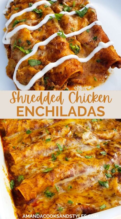 Shredded Chicken Enchiladas – Shredded salsa chicken wrapped in tortillas with jack and cheddar cheeses smothered in red enchilada sauce baked to perfection! How To Make Enchiladas Shredded Chicken, Shredded Salsa Chicken, Homemade Corn Salsa, Homemade Chicken Enchiladas, Red Chicken Enchiladas, Best Chicken Enchiladas, Shredded Chicken Enchiladas, Supper Tonight, Chicken Enchilada Bake