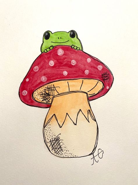 Cute Mushroom Painting, Fairy Core Paintings Easy, Cute Mushroom Art, Frogs And Mushrooms Drawing, Mushroom Frog Painting, Frogs On Mushrooms Drawings, Mashrooms Drawing Indie Easy, Frogs And Mushrooms Art, Mashrooms Drawing Aesthetic Indie