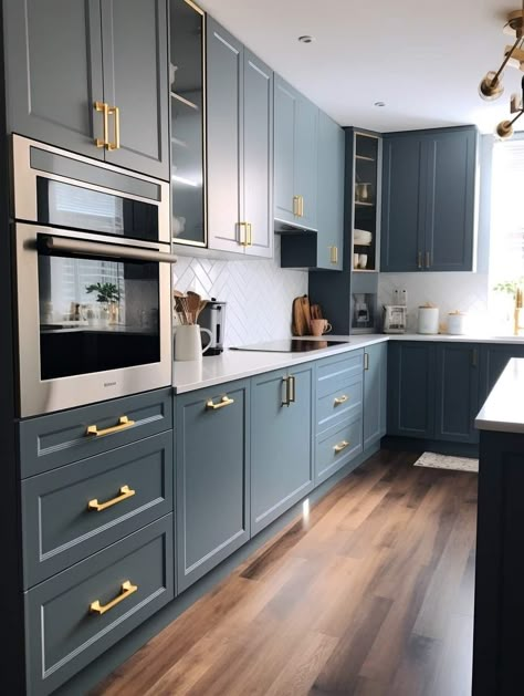 Blue Kitchen Cabinets Gold Hardware, Luxury Kitchen Island, Compact Kitchen Design, Kitchen Layout Plans, Kitchen Design Color, Kitchen Design Modern, Blue Kitchen Cabinets, Transitional Decor Kitchen, Small Kitchen Decor