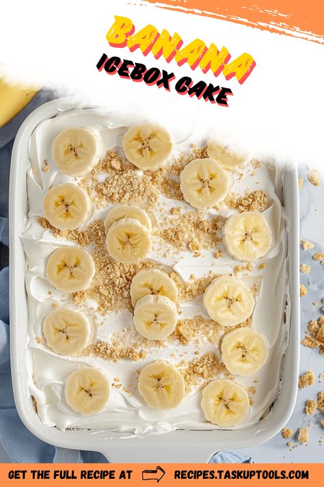 Indulge in a delightful twist on dessert with our Banana Icebox Cake recipe! This no-bake treat layers creamy banana pudding, fresh banana slices, and cool whipped topping between crunchy graham crackers, creating a refreshing and decadent experience. Perfect for summer gatherings or anytime you crave something sweet yet simple, this cake is easy to make and even easier to enjoy. Follow our step-by-step guide for a dessert that promises to be a crowd-pleaser. Pin it for later and impress your friends Banana Ice Box Cake, Banana Icebox Cake, Creamy Banana Pudding, Icebox Cake Recipes, Family Desserts, Banana Slices, Banana Dessert, Instant Pudding Mix, Icebox Cake