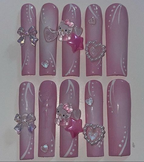 Dolly Nails, Hello Kitty Nails Art, Cute Acrylic Nail Designs, Hello Kitty Nails, Y2k Nails, Pretty Gel Nails, Really Cute Nails, Unique Acrylic Nails, Bling Acrylic Nails