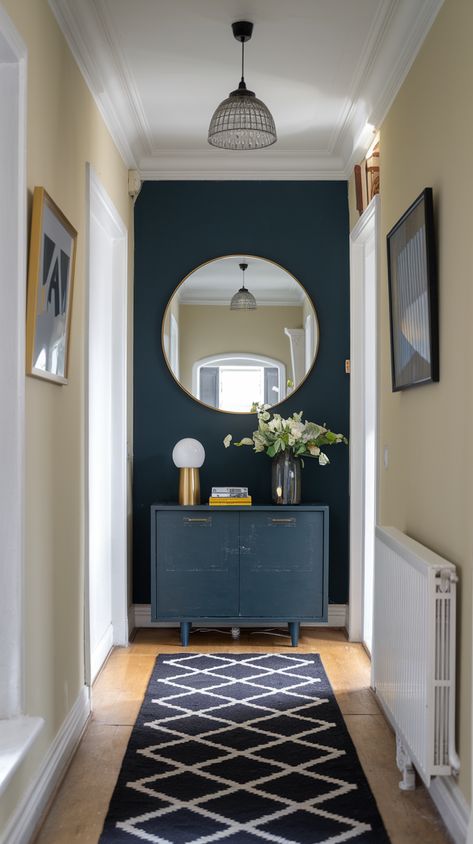 Creative Ideas for Decorating Narrow Hallways: Paint, Furniture, and Decor Tips Hallway Wall Paint, Narrow Foyer Ideas, Entryway Ideas Wall, Narrow Hallway Paint Colors, Small Landing Ideas, Entry Hallway Ideas Narrow, Small Landing Ideas Upstairs, Small Hallway Design, Tiny Hallway Ideas