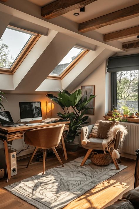 Terrace Office, Japandi Home Office, Slanted Roof, Home Office Designs, Cozy Attic, Attic Office, Japandi Home, Attic Loft, Loft Office