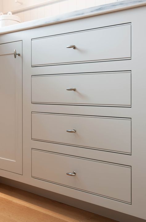 This four drawer custom cabinet with Square Inset face frames features custom solid wood drawer fronts with beaded routes for detail. Bedroom Cabinetry, Inset Kitchen Cabinets, Flat Front Cabinets, Flat Panel Cabinet, Inset Cabinet Doors, Crown Point Cabinetry, Face Frame Cabinets, Modern Facade, Inset Cabinetry