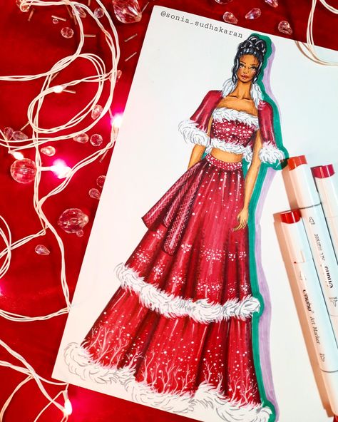 Christmas Theme Dress Women, Winter Wear Illustration Sketch, Christmas Fashion Design, Christmas Dress Drawing, New Year Party Outfit Winter, Christmas Theme Dress, Christmas Fashion Illustration, New Year Party Outfit, Winter Dress Ideas