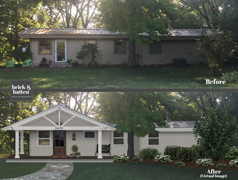 Front Porch: If You Build It They Will Come | Blog | brick&batten Landscape For Ranch Style Home, Ranch Makeover Exterior, 1960s Ranch House Remodel, Porch Walkway, Home Exterior Design, Ranch House Exterior, Hardie Siding, Ranch Remodel, Porch Addition