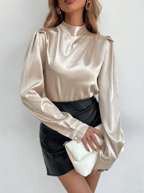 Cream Satin Blouse, Satin Blouse Outfit, White Satin Blouse, Satin Bluse, Stand Neck, Business Formal Dress, Satin Long Sleeve, Formal Dresses Gowns, Satin Blouses