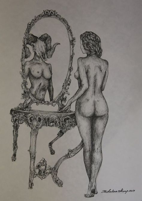 Dancing With Demons Tattoo, Dark Fairy Drawings Gothic Art, Skeleton Mirror Tattoo, Mirror Monster Art, Gothic Pencil Drawings, Monster In Mirror, Gothic Monster Art, Devils Horns Tattoo, Gore Tattoo Design