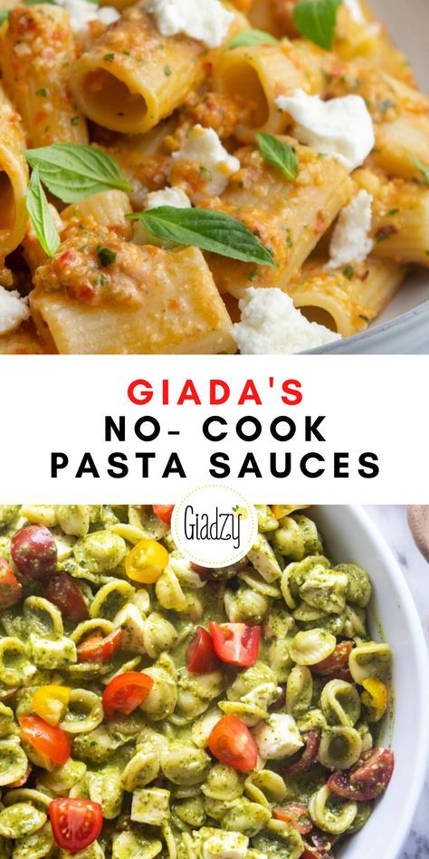 The only thing you need to cook in these recipes is the actual pasta itself! Veggie Meal Plan, Pasta Recipes Easy Fast, Celebrity Chef Recipes, Giada Recipes, Food Pasta, No Cook, Bar Food, College Meals, Sicilian Recipes