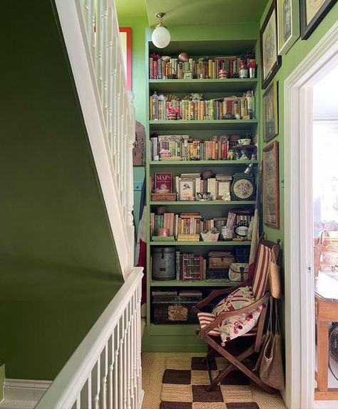 Violet Victoria Dent on Instagram: "I love decorating staircases and landings, filling them with pictures and objects, making them feel like rooms rather than just walkways and storage areas. This is one of my favourite parts of our recent loft renovation. We added some very simple bookshelves and used Farrow and Ball's Yeabridge Green with trims in Wimborne White. The shade of green changes throughout the day depending on the light, transforming from fresh and uplifting in the morning to cosy a Yeabridge Green Farrow And Ball, Simple Bookshelves, Yeabridge Green, Loft Renovation, Green Inspo, Wimborne White, Simple Bookshelf, Staircase Decor, Storage Area