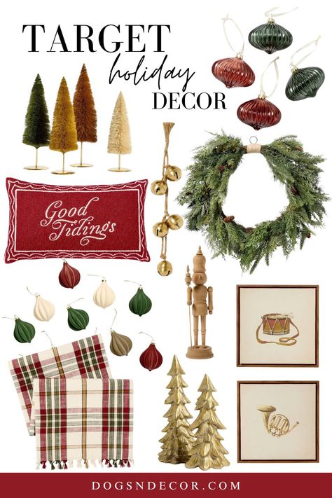 2024 Studio McGee Target Holiday Collection featuring dark red, green, and gold festive decor including trees, ornaments, and wreaths. Neutral Red And Green Christmas, Target Christmas Decor 2024, Traditional Red And Green Christmas Decor, Target Christmas 2024, Modern Traditional Christmas Decor, Neutral Christmas Decor With Pops Of Red, Christmas Decor Color Schemes, 2024 Christmas Trends, Studio Mcgee Holiday