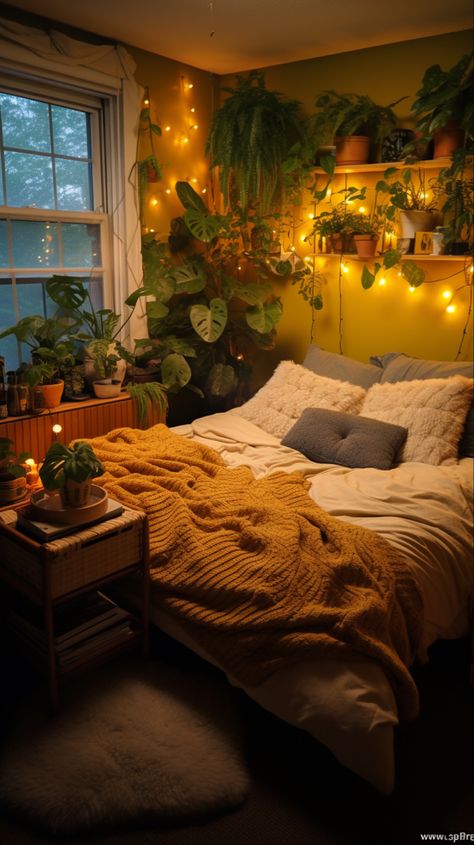 Check the link to read the blog guide to make your own room just like this. Plants all around. My type of room Light Orange Walls Bedroom, Studio Bedroom Decor, Earthy Room Inspo Aesthetic, 100 Sq Ft Bedroom, Bedroom Inspo Plants, Savannah Apartment, Comfy Bedrooms, Cosy Homes, Uni House