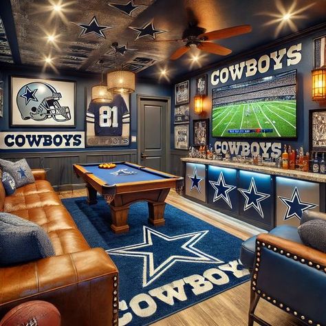 Dallas Cowboys Room Ideas, Dallas Cowboys Man Cave Ideas, Sports Basement Ideas, Football Basement, Man Cave Ideas Basement, Sports Man Cave Ideas, Sports Themed Office, Dallas Cowboys Man Cave, Cowboys Man Cave