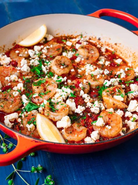 Greek Shrimp Saganaki with Feta Cheese- The Little Ferraro Kitchen Greek Rice Pilaf, Shrimp Saganaki, Grilled Shrimp Salad, Greek Shrimp, Greek Rice, Sundried Tomato Pasta, Fattoush Salad, Flavorful Shrimp, Marinated Shrimp