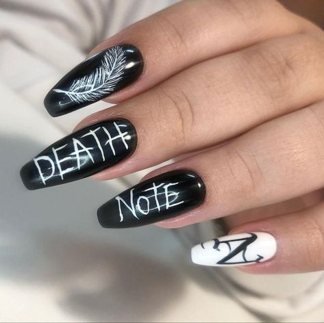 Nail Designs Emo, Satanic Nail Art, Gothic Nails Coffin, Emo Nail Designs, Emo Nails Acrylic, Anime Nails Acrylic, Tim Burton Nails, Emo Nail Art, Nails Emo