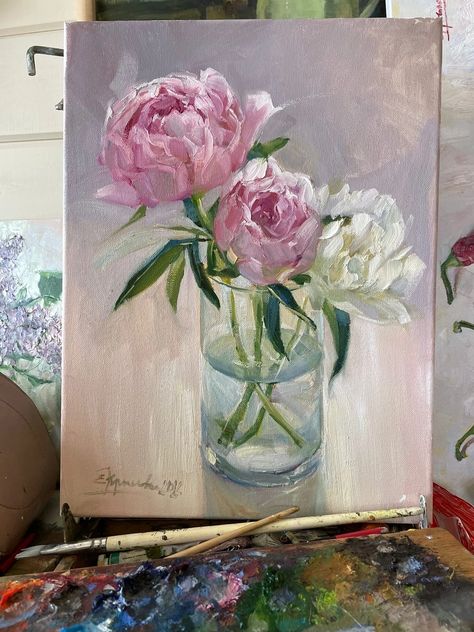 Peonies Canvas Painting, Painting Peonies Acrylic, Peonies Painting Acrylic, Impasto Painting Tutorial, Peony Flower Aesthetic, Painting Square Canvas, Peonies Painting, Abstract Painting Acrylic Modern, Floral Art Paintings