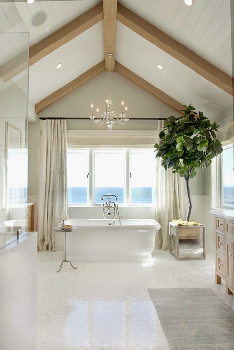 House of Turquoise: Bliss Home and Design.  White bathroom with vaulted ceiling and cool fiddle-leaf fig plant (tree?). House Of Turquoise, Stunning Bathrooms, Gorgeous Bathroom, Dream Bathrooms, Vaulted Ceiling, Beautiful Bathrooms, White Bathroom, Amazing Bathrooms, Luxury Bathroom