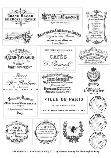 DIY Clear French Labels Project + free printable Free French Country Printables, Vintage Labels Printables Free, Vintage Labels Printables, French Labels, French Printable, French Typography, French Ephemera, Etiquette Vintage, Free Vintage Printables