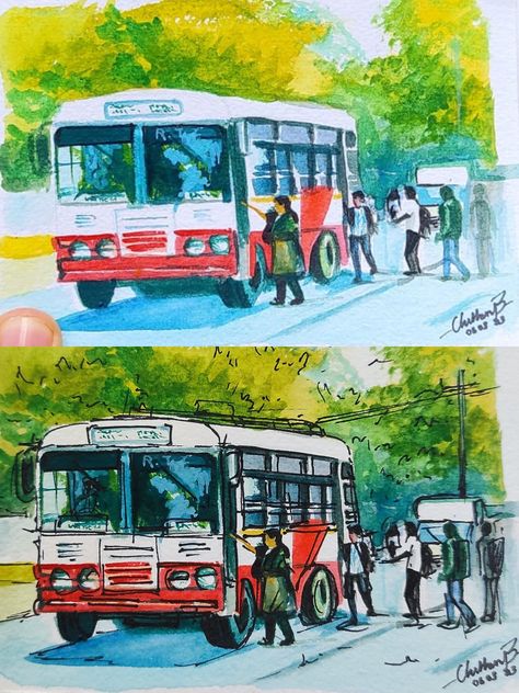 Bus Stop Memory Drawing, Bus Stand Memory Drawing, Bus Stop Sketch, Market Scene Drawing, Market Scene Drawing Easy, Bus Stop Painting, Bus Stop Drawing, Drawing Competition Topics, Intermediate Drawing