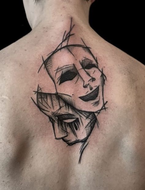 Theater Mask Tattoo, Mask Sketch, Theatre Tattoo, Faces Tattoo, Sketchy Tattoo, Emo Tattoos, Tatuagem Masculina Pequena, Sketch Style Tattoos, Theatre Masks