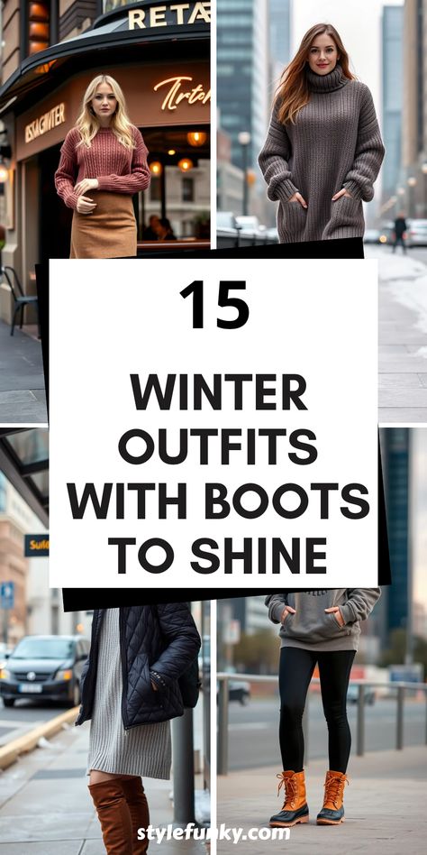 Embrace the chilly season with these 15 stunning winter outfits with boots that will have you looking fabulous. Whether you're sporting a cozy cropped sweater over a midi skirt with tall boots or rocking an oversized sweater paired with knee-high boots, each look is designed to inspire your style this winter. Want to make a statement? Try a quilted jacket over a sweater dress with ankle boots! With comfortable fleece-lined leggings and duck boots included, you're set for both warmth and fashion this season. Discover the perfect winter extravaganza with these must-try outfits! Chukka Boots Outfit Women Winter, Fur Lined Boots Women, Casual Winter Boots Outfits, Styling Black Boots Winter, Winter Boots With Wide Leg Pants, Tall Winter Boots Outfit, Boots With Socks Outfit Winter Fashion, Winter Jeans And Boots Outfits, Black Knee High Boots Outfit Winter Work