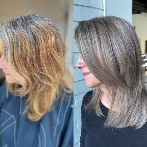 Transitioning to Gray with Balayage Gray Hairstyles For Women, Transitioning To Gray Hair, Natural White Hair, Ash Grey Hair, Gray Blending, Grey Blending, Gray Hairstyles, Grey Hair Care, Gray Balayage