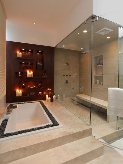 a stone or marble bench inside the shower creates the perfect place to relax and reflect...great tub and candles! Nice Bathrooms, Drømme Bad, Sunken Tub, Romantic Bathrooms, Luxurious Showers, Luxury Bathrooms, Bad Inspiration, Bathroom Spa, Bad Design